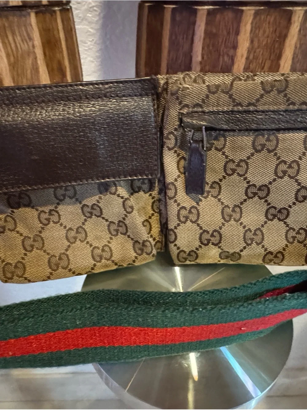 Gucci Brown Monogram Canvas Belt Bag with Green and Red Webbing